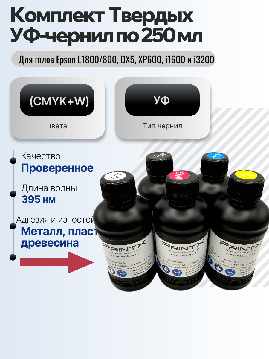 Картинка галерии товара Комплект Твердых УФ-чернил по 250 мл (CMYK+W)