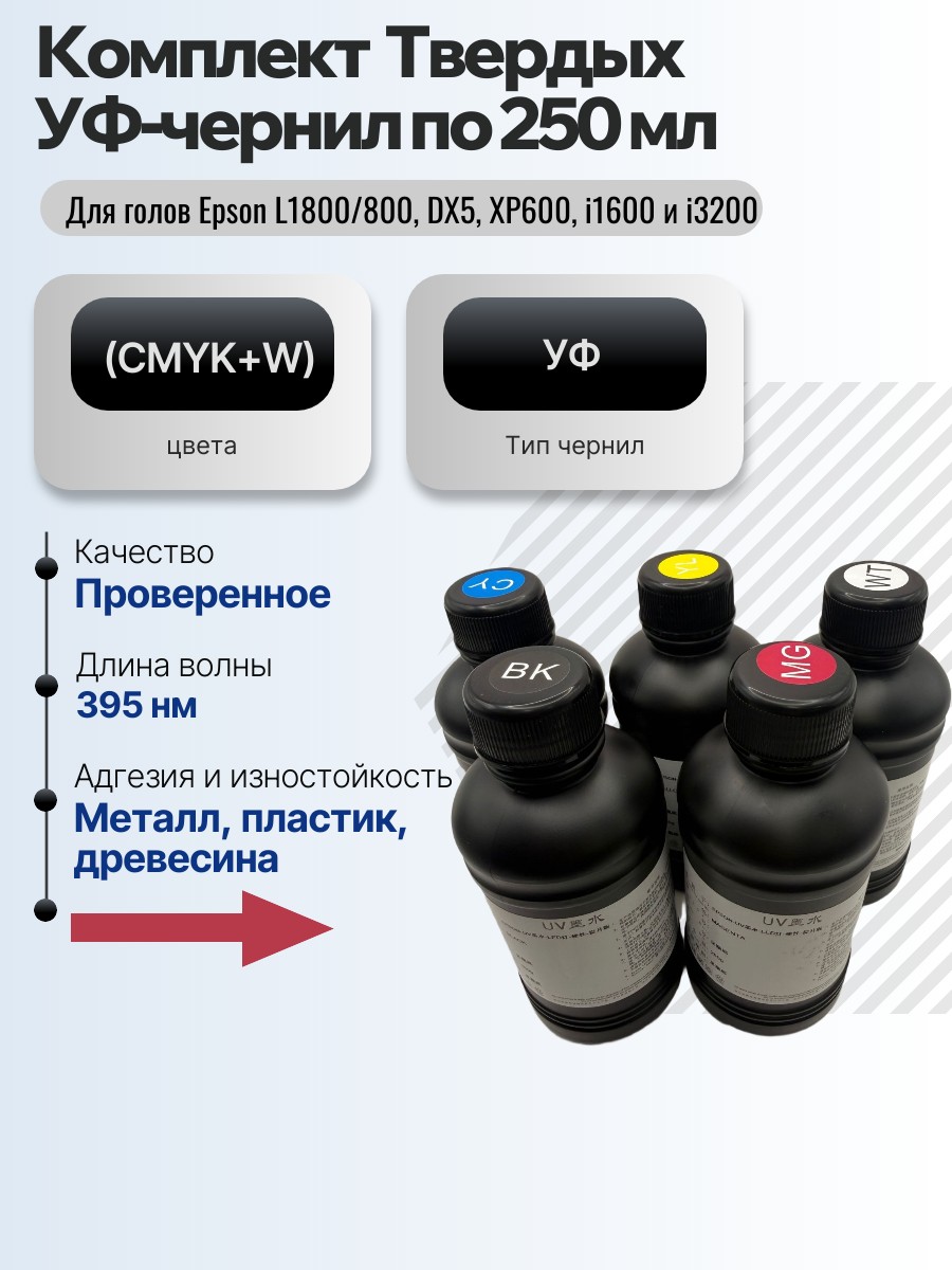 Комплект Твердых УФ-чернил по 250 мл (CMYK+W) купить в студии по производству планшетных и УФ принтеров в Петербурге